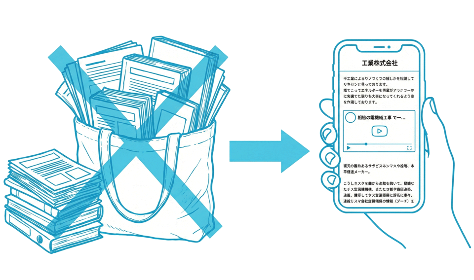 ペーパーレス資料配布のイラスト - QRコードで資料を配信